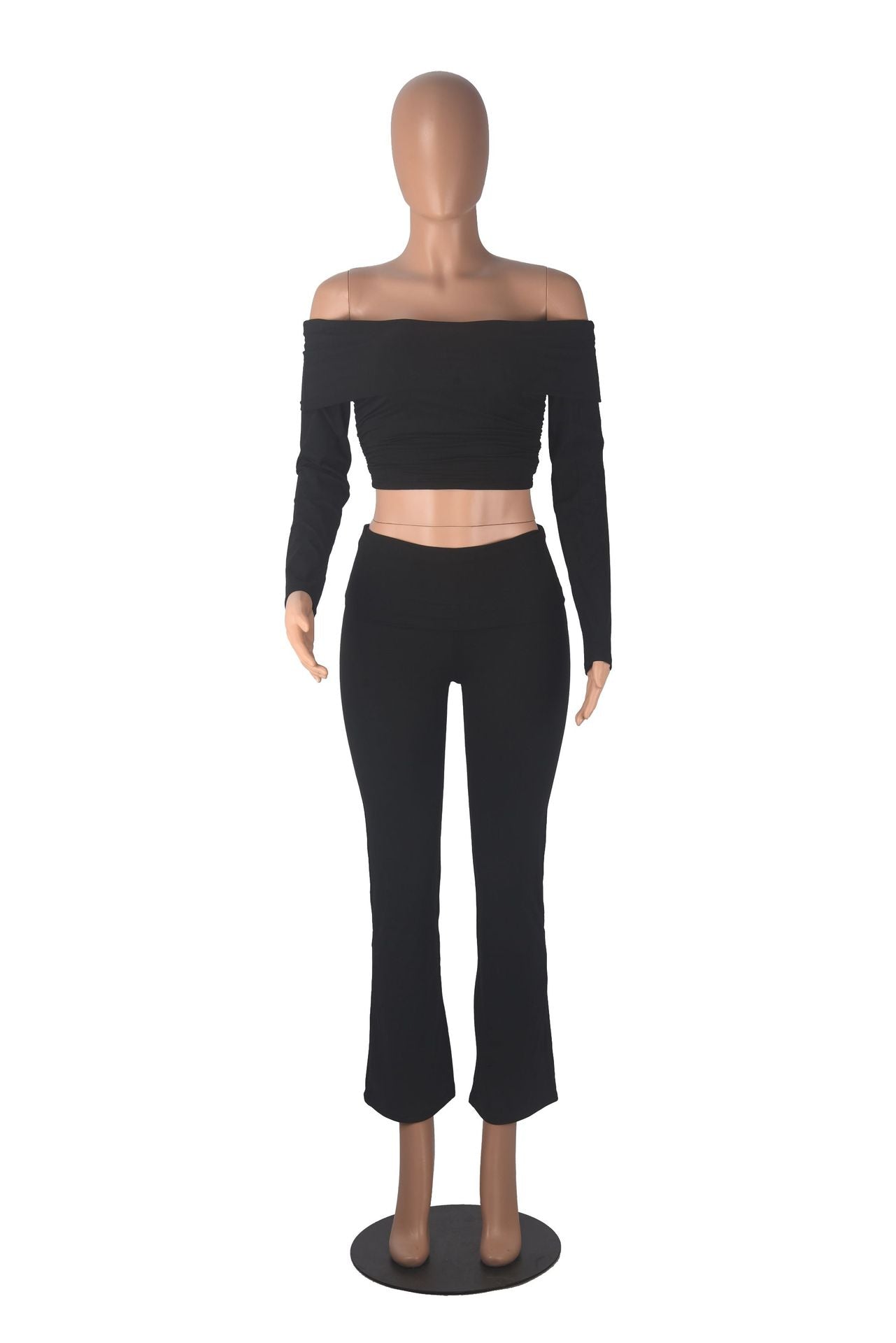 Women Off Shoulder Top Bell Bottom Pants Solid Pants Two-Piece Set 10