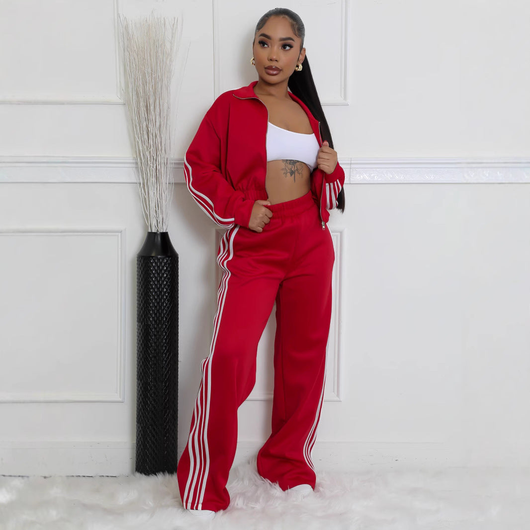 Women Autumn Striped Zipper Casual Top and Pant Set 6