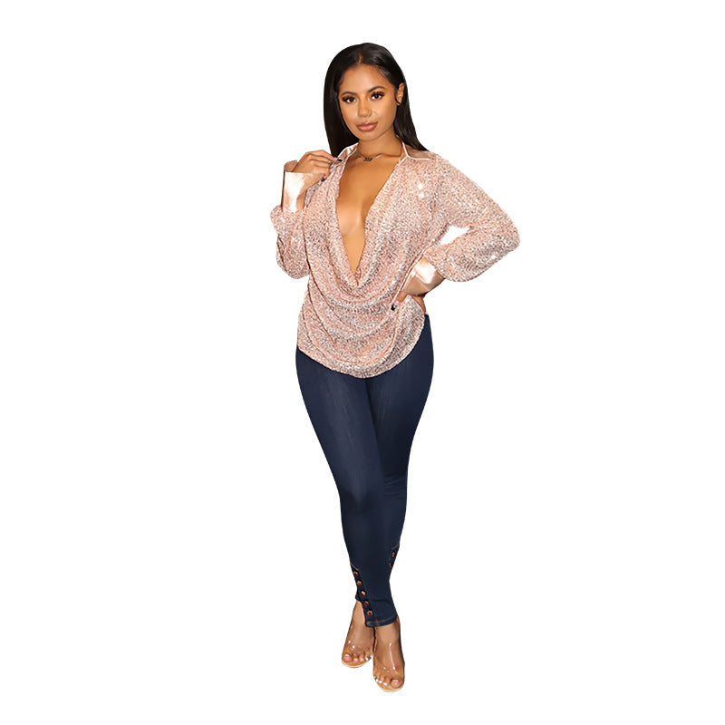 Women's Deep V Pleated Loose Ladies Chic Sequin Long Sleeve Shirt 3