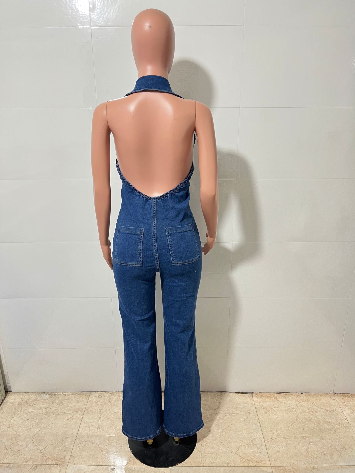 Women's Spring Sleeveless Fashion Halter Low Back Denim Jumpsuit 8