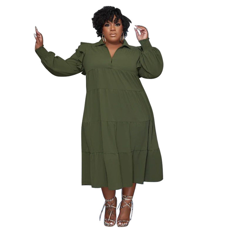 Plus Size Women's Ruffled Shoulder Long Sleeve Layered Swing Dress 3