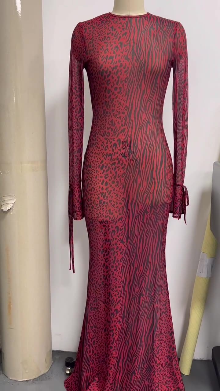 Sexy Low Back Bell Bottom Sleeve Fishtail Red Leopard Print Mesh Long Dress 7