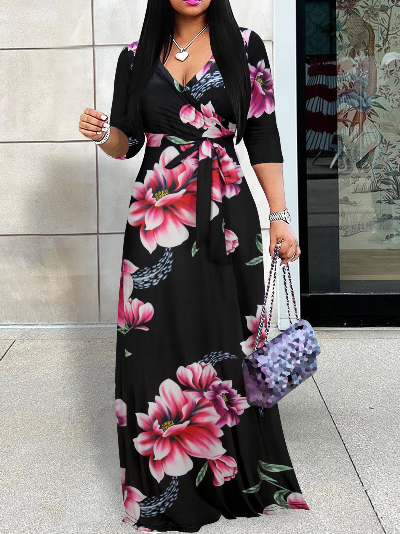 Spring & Autumn Women's Fashion Elegant Wrap V-Neck Half-Sleeve Print Belt Maxi Dress 47