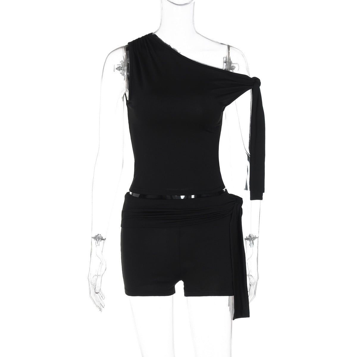 Women's Summer Solid-Color Slash-Shoulder Sleeveless Top with Lace-Up Slim Shorts Two-Piece Set 5