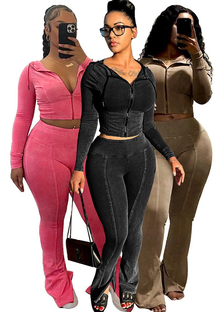 Women Washed Hooded Top and Bell Bottom PantTwo Piece Set