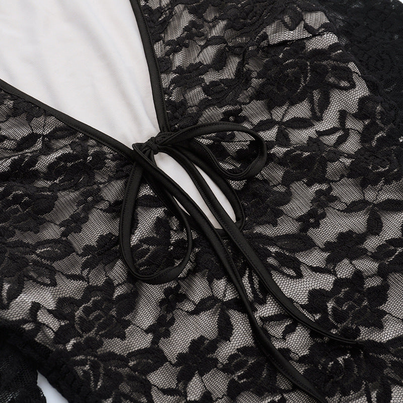 Women Bell Bottom Long-Sleeved Sexy Lace-Up Mini Dress 12