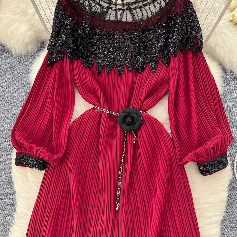 Beaded Chic Lantern Sleeve Pleated Dress 20