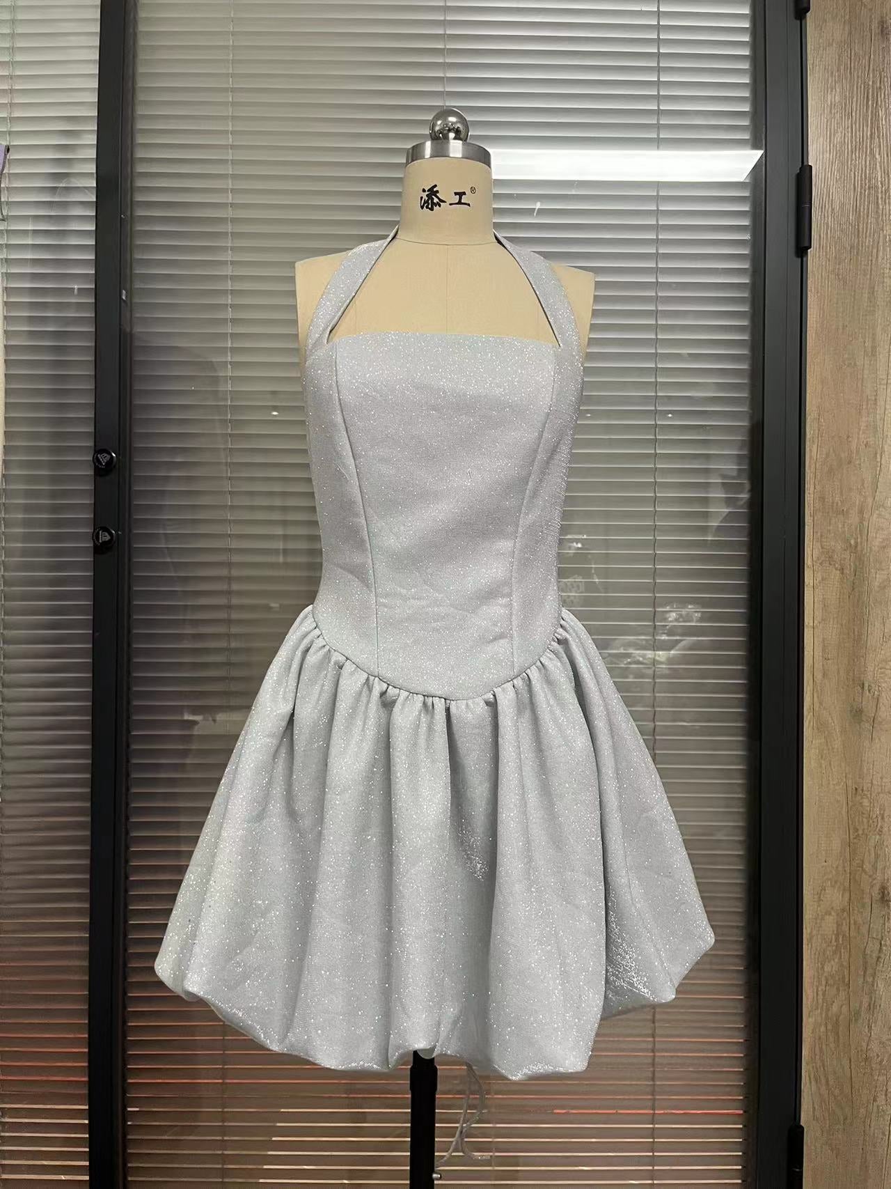 Trendy Casual Summer Halter Neck Bow Tie Puff Dress 4