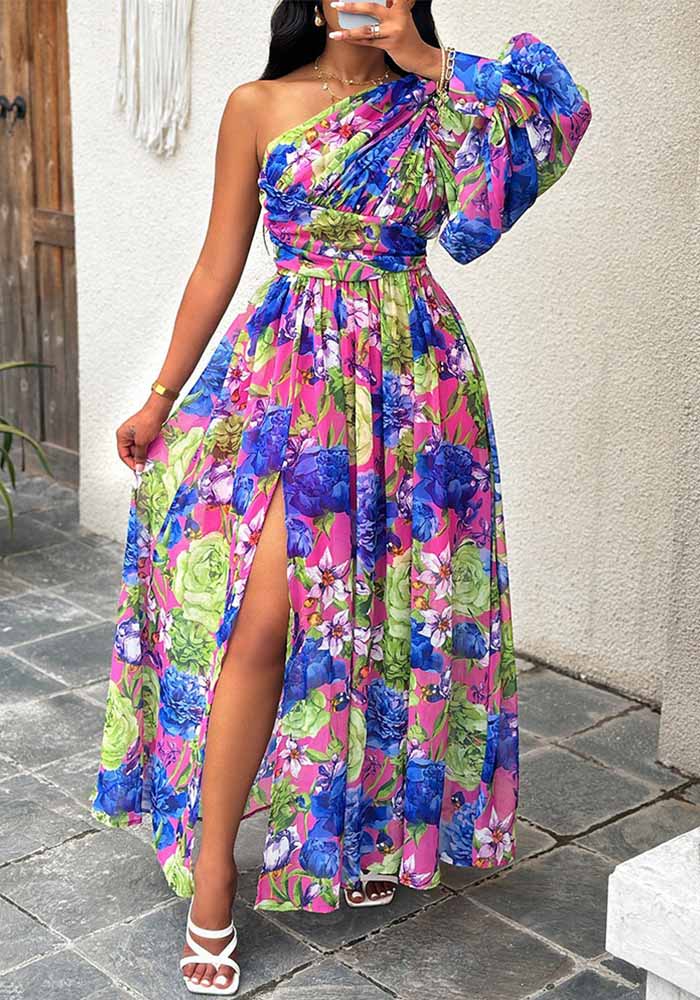 Fashionable Slash-Shoulder Long Lantern Sleeve Printed Dress