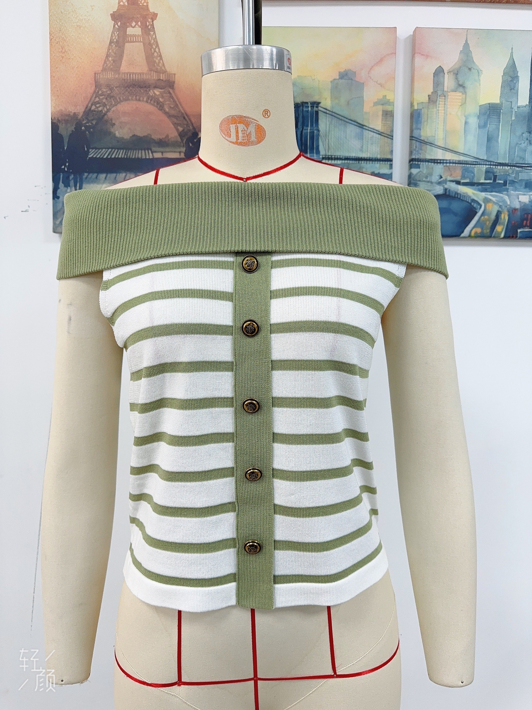 Spring/Summer Women's Fashion Long-Sleeve Striped Off-Shoulder Knit Top 37