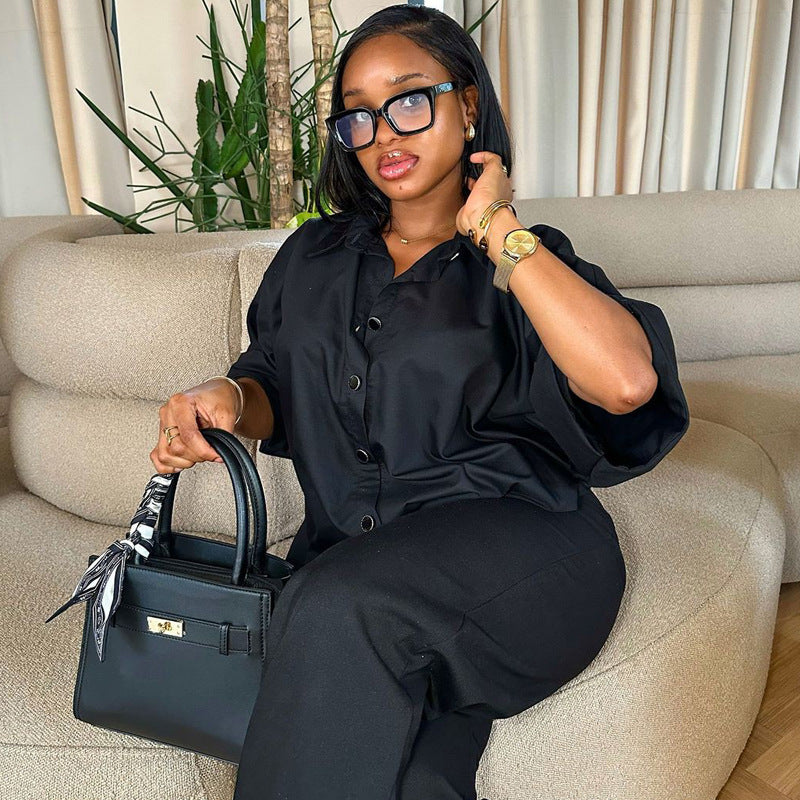 Fashion Spring Summer Casual Shirt Wide Leg Trousers Women Two-Piece Set 4