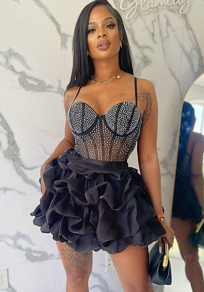 Women Sexy Beaded Stretch Camisole Cascading Ruffles Dress Tutu