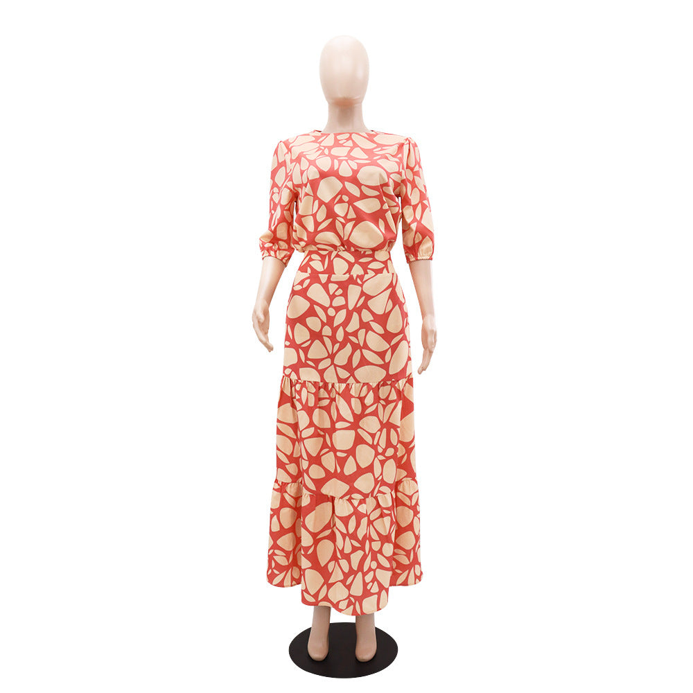 Women's printed Chic elegant Round Neck Patchwork A-line long skirt set 3