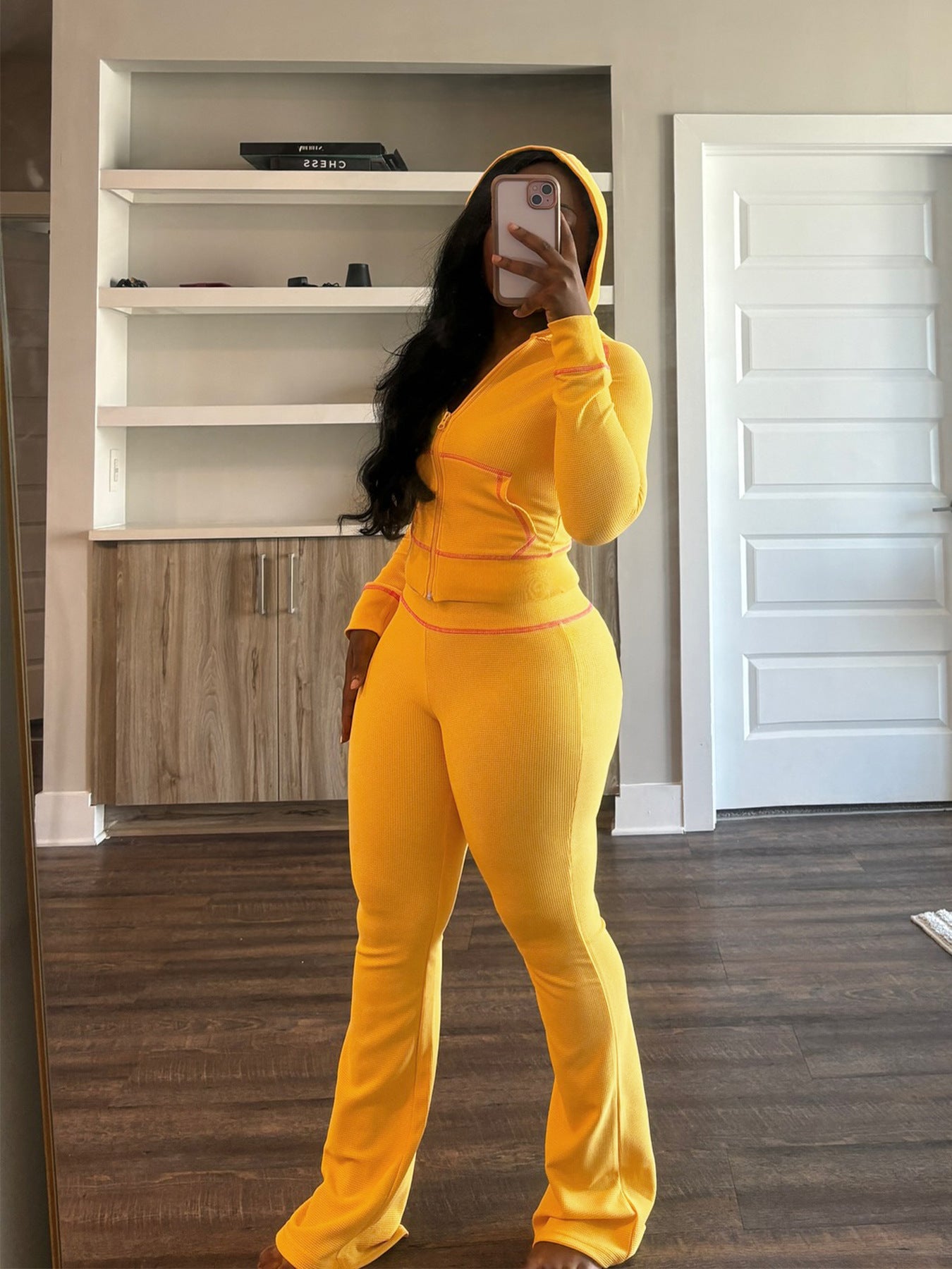 Women's Waffle texture hooded Bell Bottom Casual two piece pants set