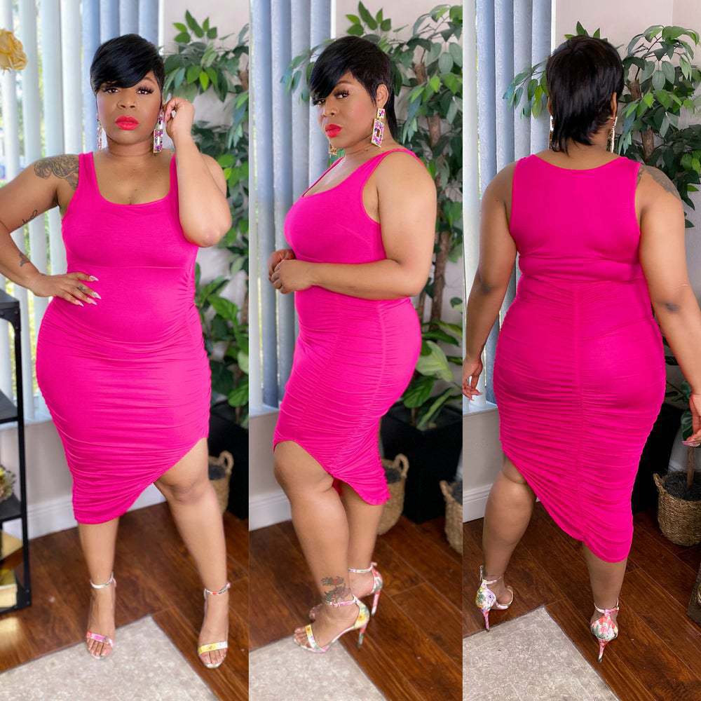 Plus Size Women's Fall Solid Color Pleated Tight Fitting Dress 6