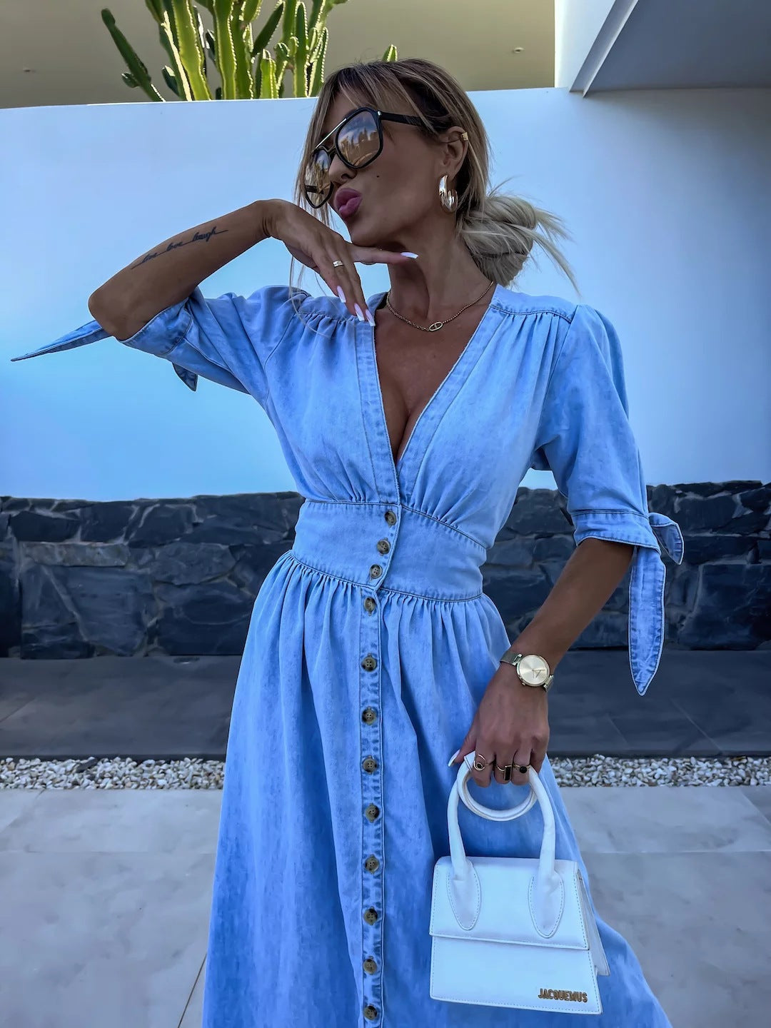 Women Sexy V-Neck Button Denim Dress 5