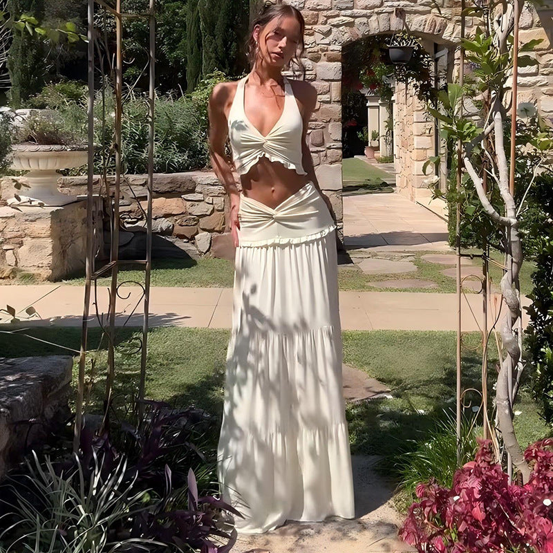 Women's Sexy Halter Neck Lace-up Top High Waist Pleated Skirt Two-piece Set 6