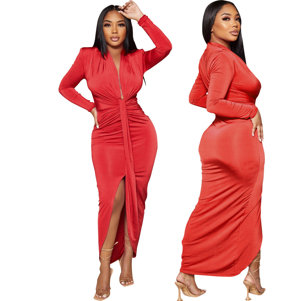 Women Sexy Deep V Neck Belt Slit Dress 8