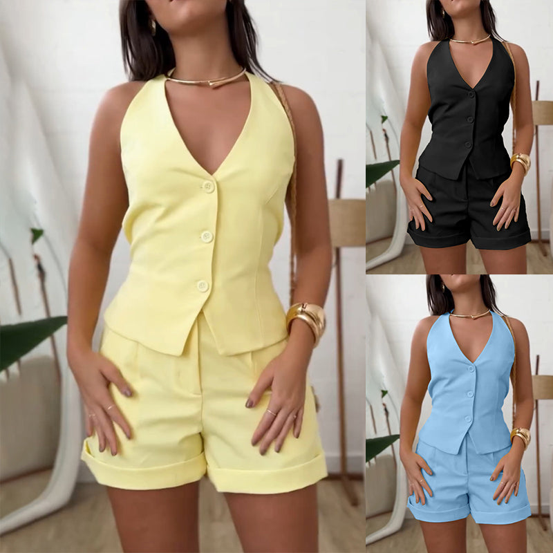 Women Halter Neck Lace-Up Top + Shorts Solid Two-Piece Set 12