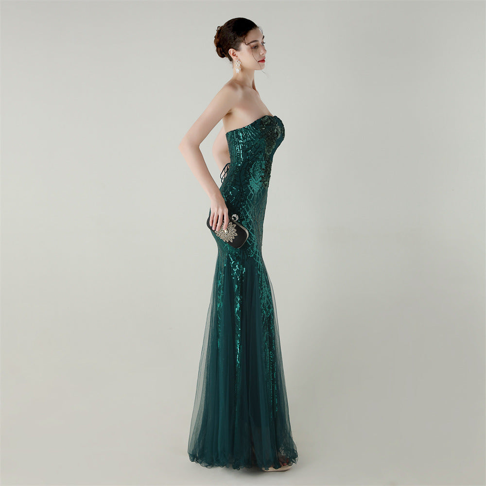 Women Strapless cross Lace-Up sequined tube flower sequined mesh evening dress Formal Party evening dress 44