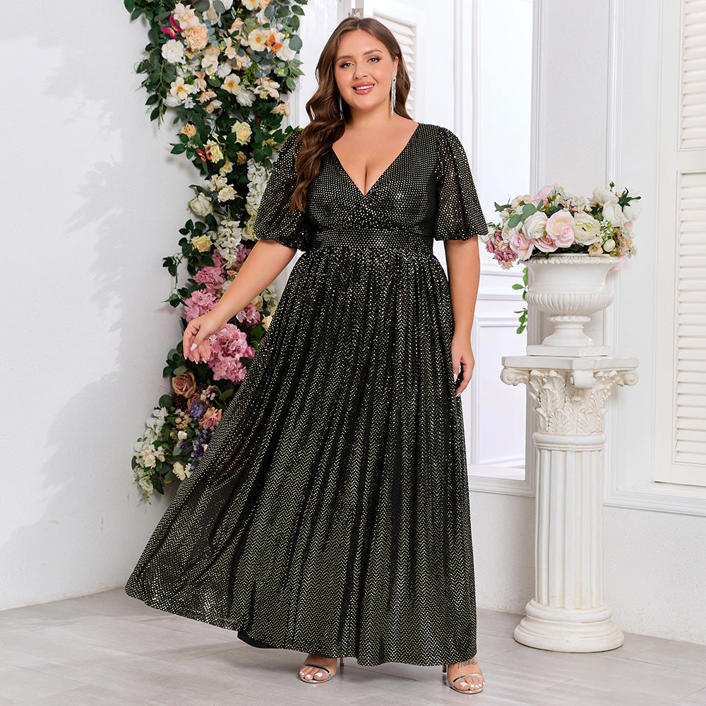 Plus-Size Glitter V-Neck Patchwork Short-Sleeve A-Line Fully Lined Evening Dress 7
