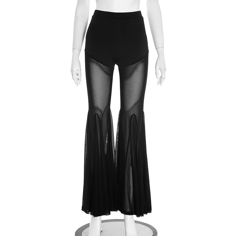 Women Fall Sexy See-Through Mesh Bell Bottom Pant 4