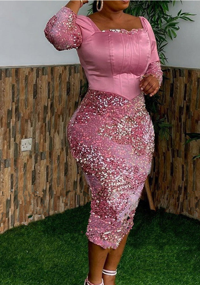 Long Sleeve Low Back Sequin Slim Waist Bodycon Dress