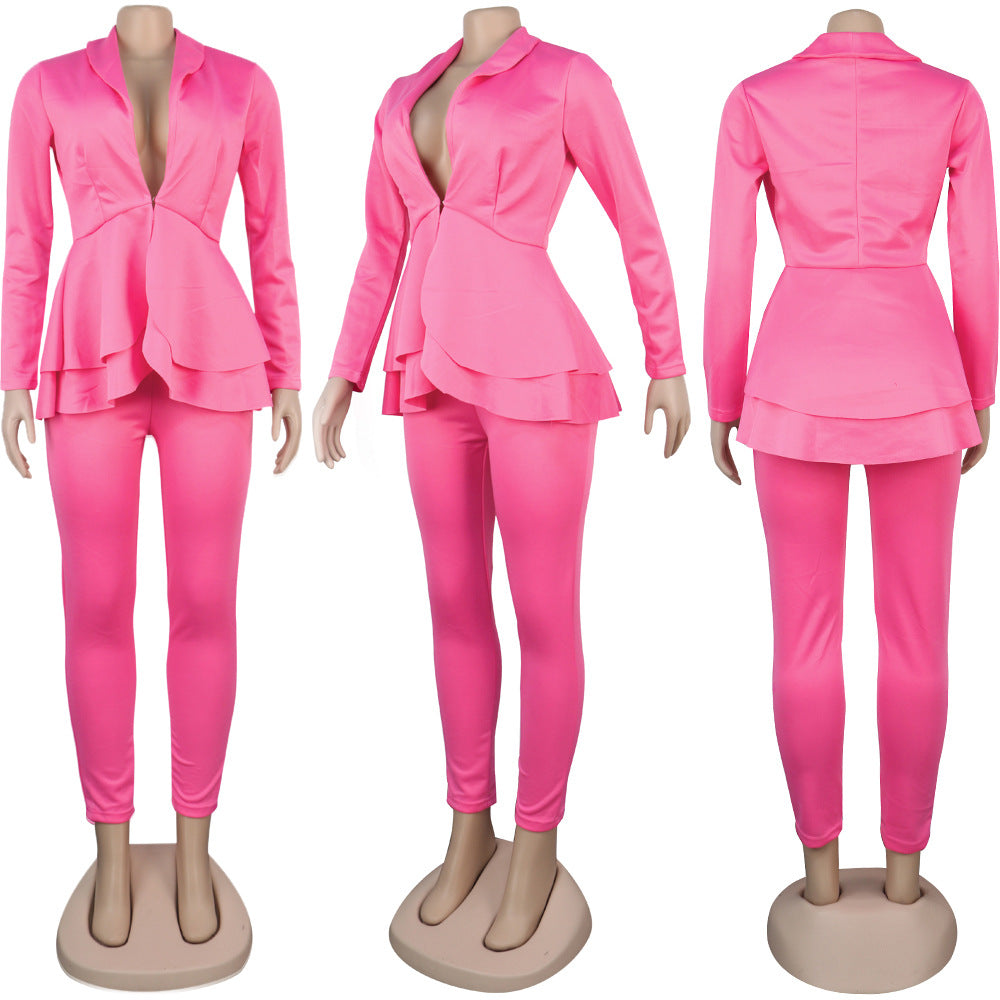 Sexy Women's Solid Color V-Neck Two-Piece Pants Set 11