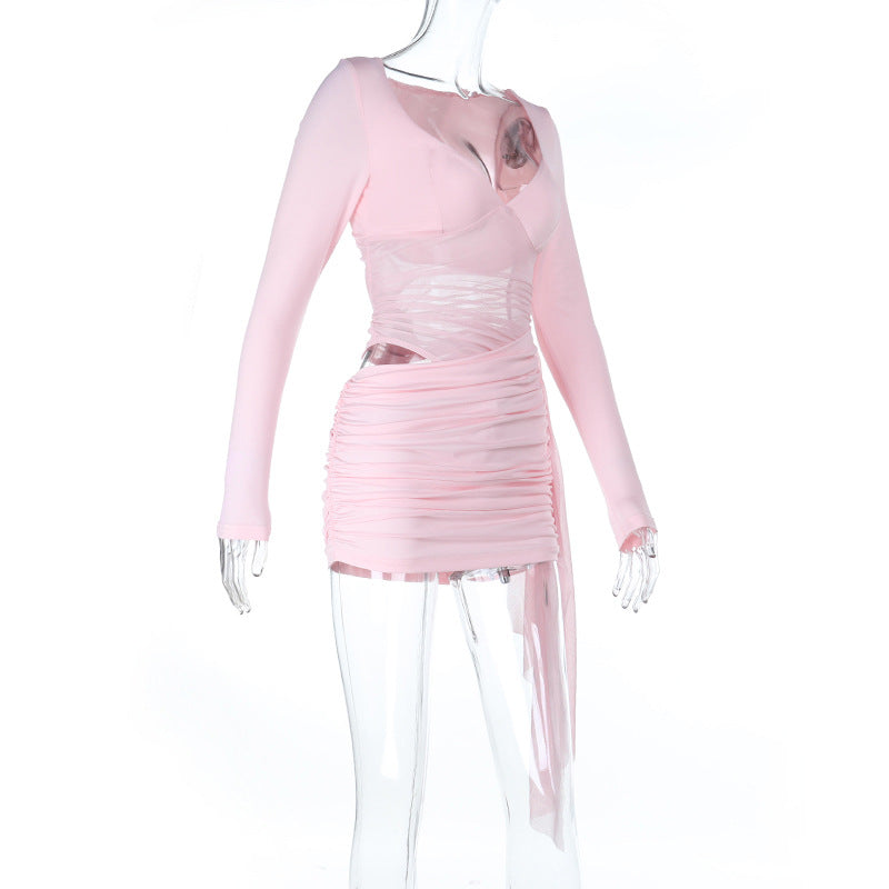 Women hollow mesh ribbon long-sleeved bodycon dress 7