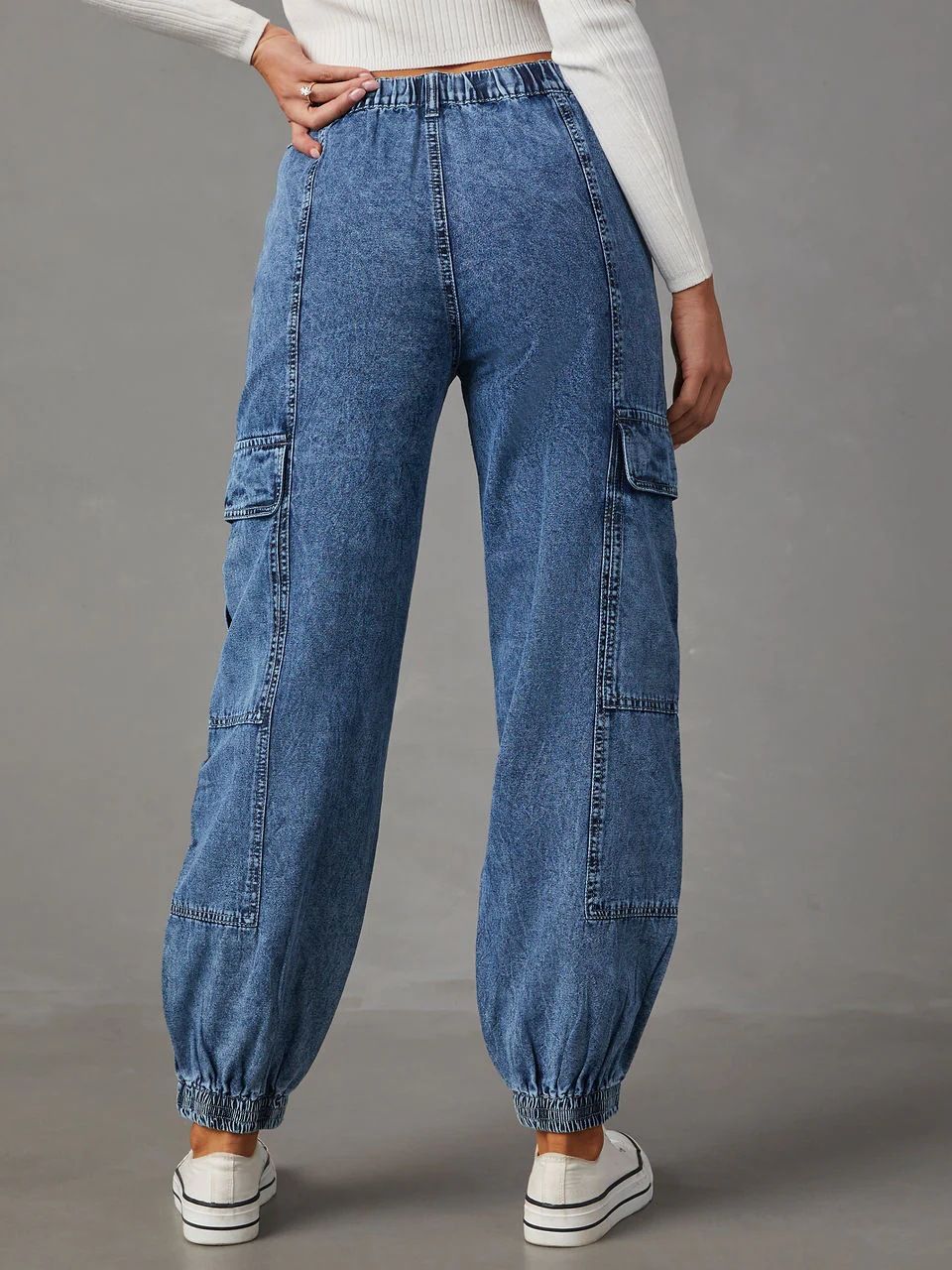 Cargo Denim Pants Women's Autumn Fashion Casual Elastic Waist Loose Women's Jeans 6