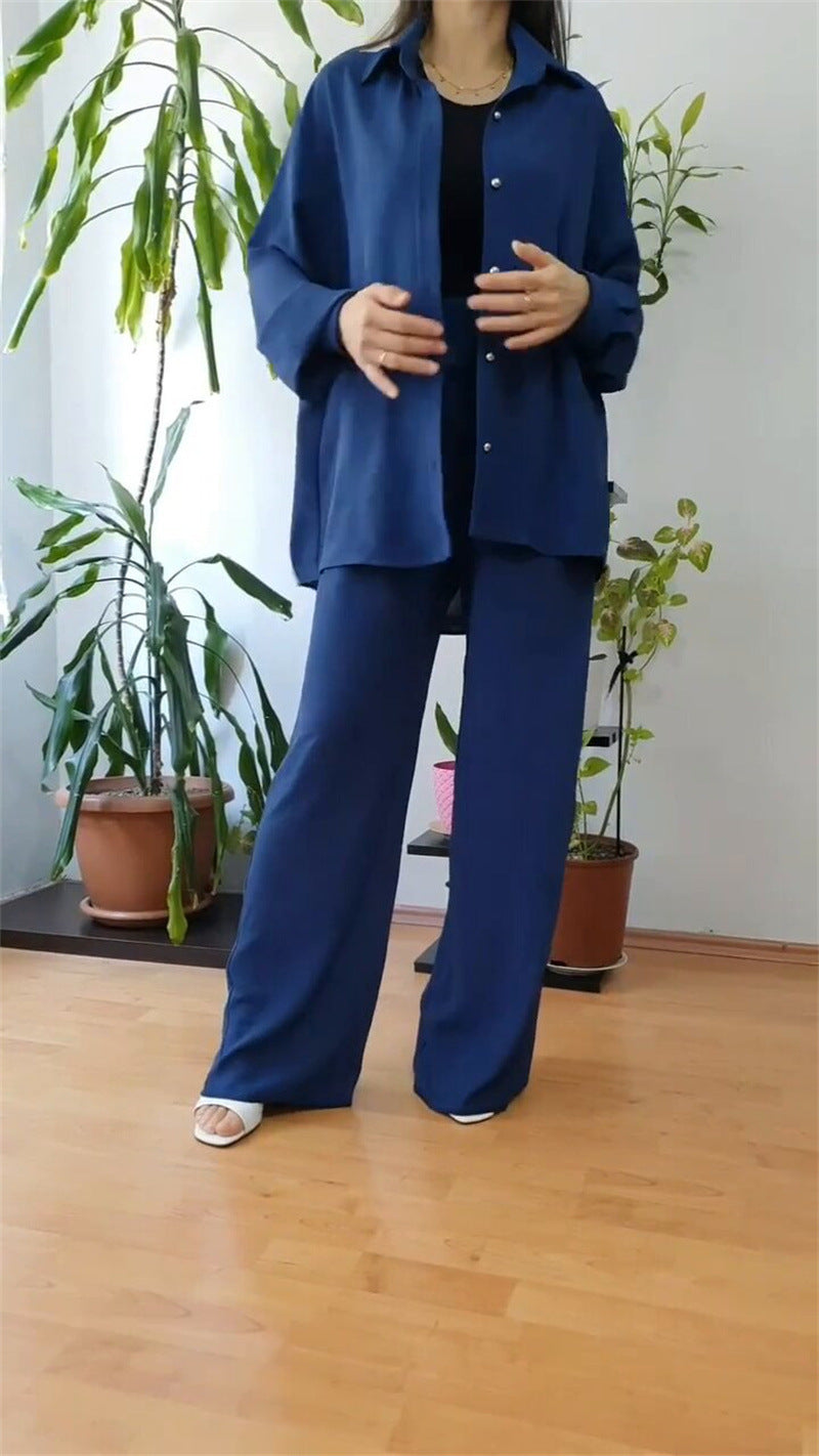 Women Solid Loose Top Casual Wide Leg Pants Two-piece Set 3