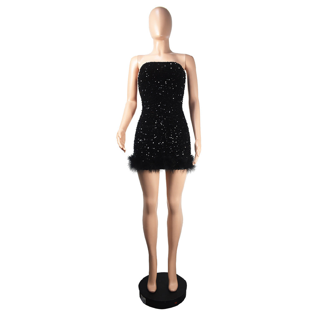 Women'S Fashion Strapless Bodycon Feather Sequin Nightclub Party Dress 17