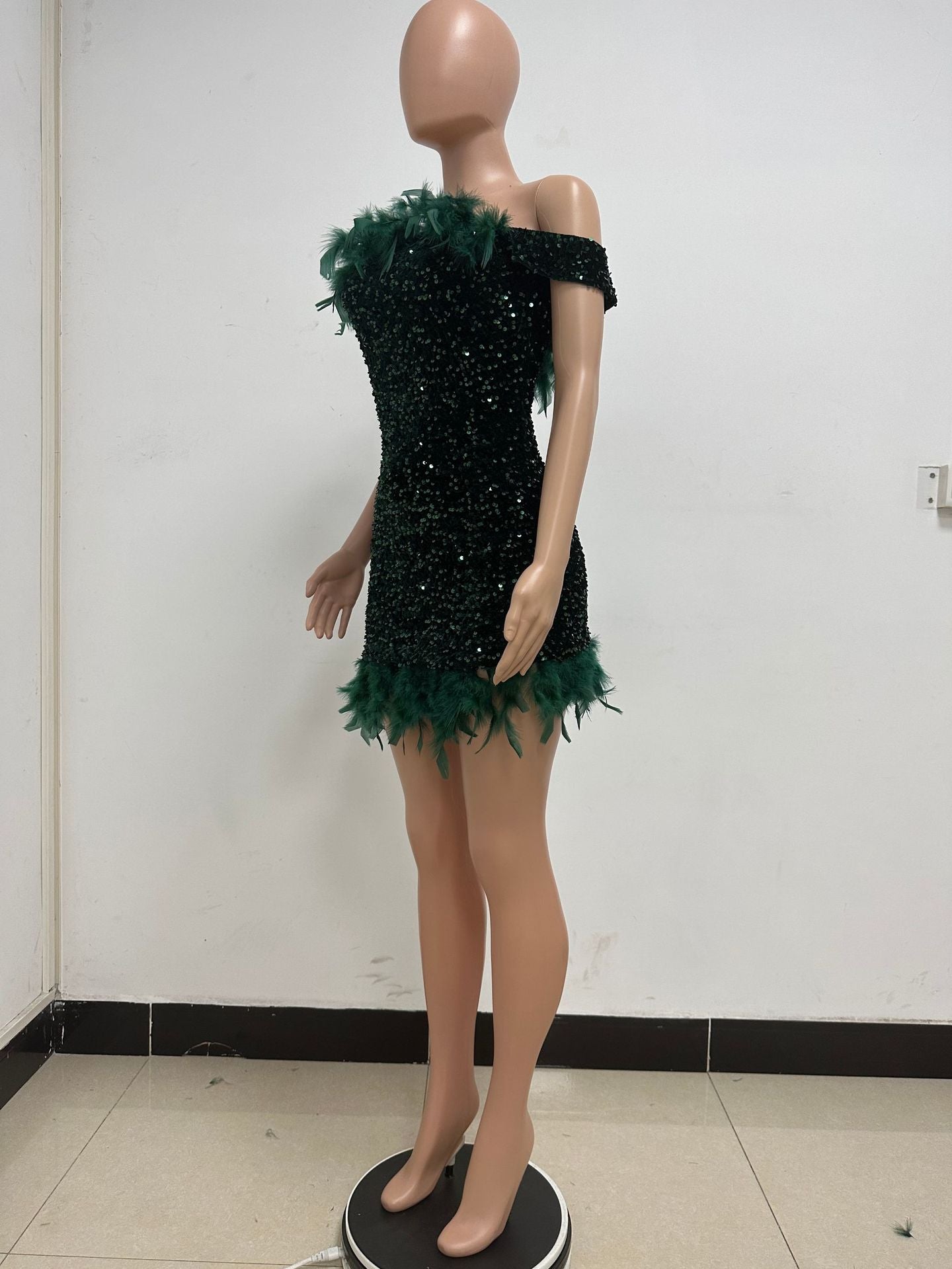 Women's Summer Sequin Low Back Beach Dress Off Shoulder Feather Bodycon Dress 20