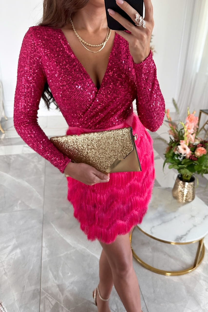 Women Party Sequin V Neck Long Sleeve Sexy Dress 4
