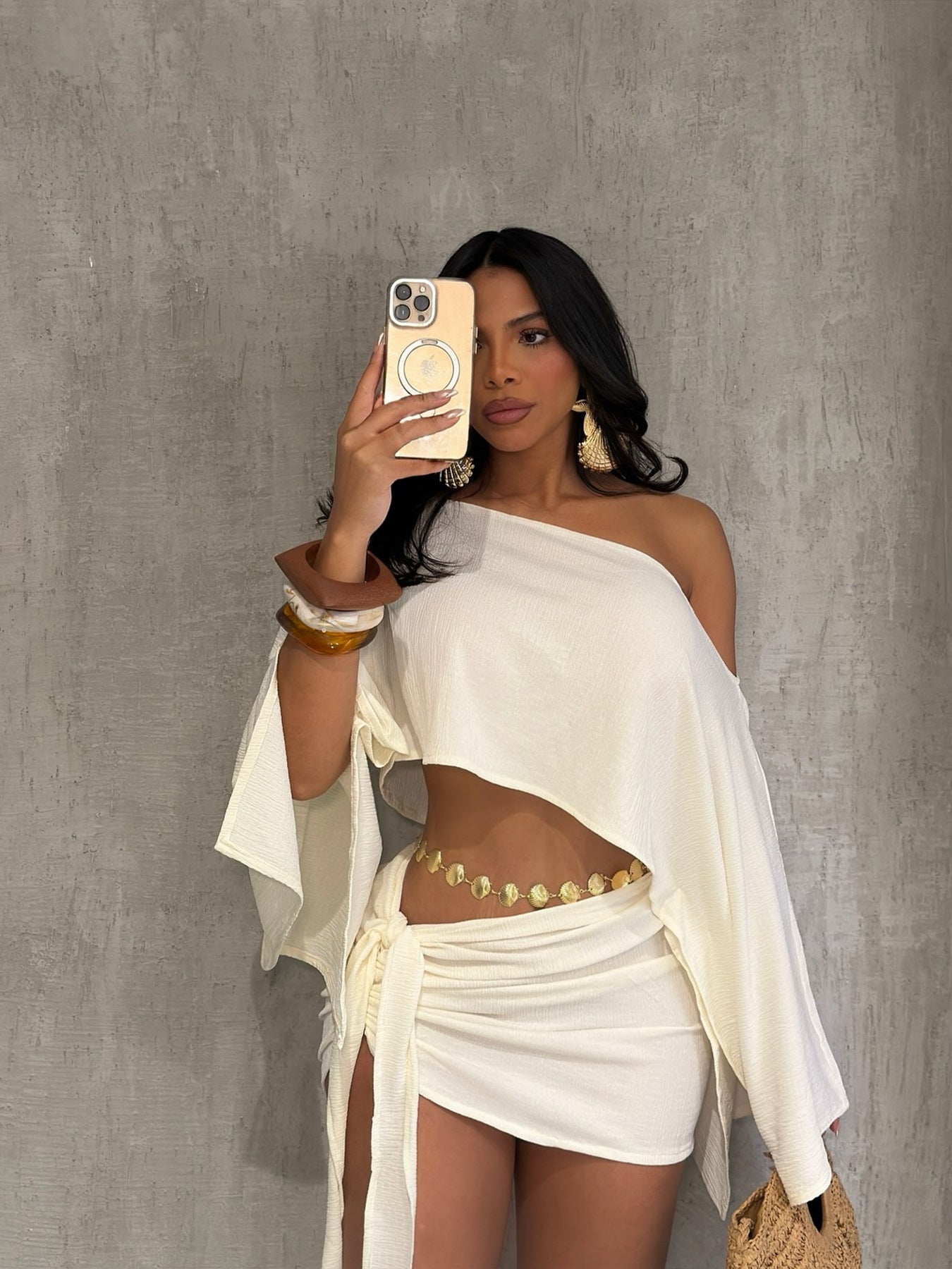 Women's Summer Beach Holidays Slash Shoulder Top Lace-Up Bodycon Short Skirt Set