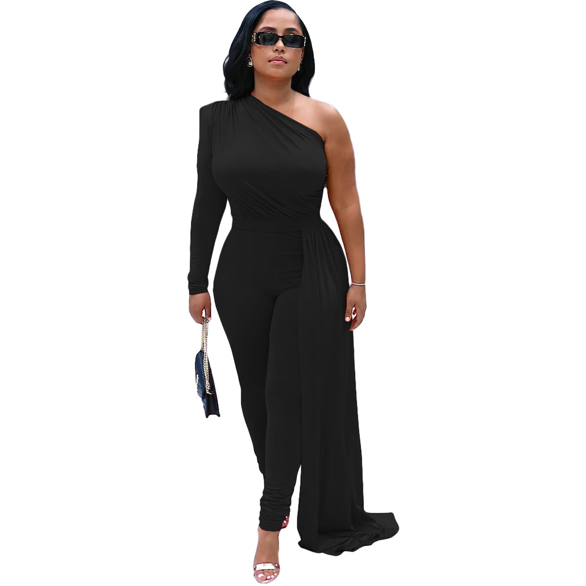 Women Slash Shoulder Irregular Solid Color Jumpsuit 8