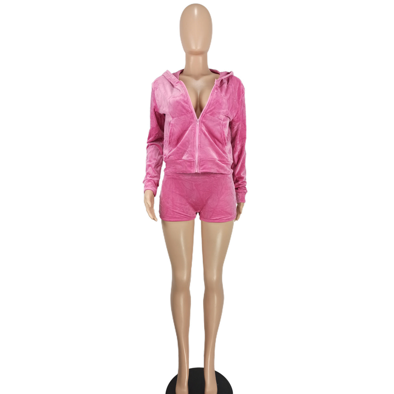 Women's Fashion Casual Solid Velvet Hooded Two-Piece Shorts Set 14