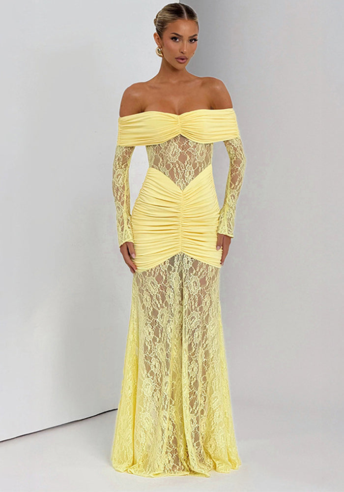 Women's Chic Lace Patchwork Off-Shoulder Slit Long Sleeve Ruffle Maxi Dress