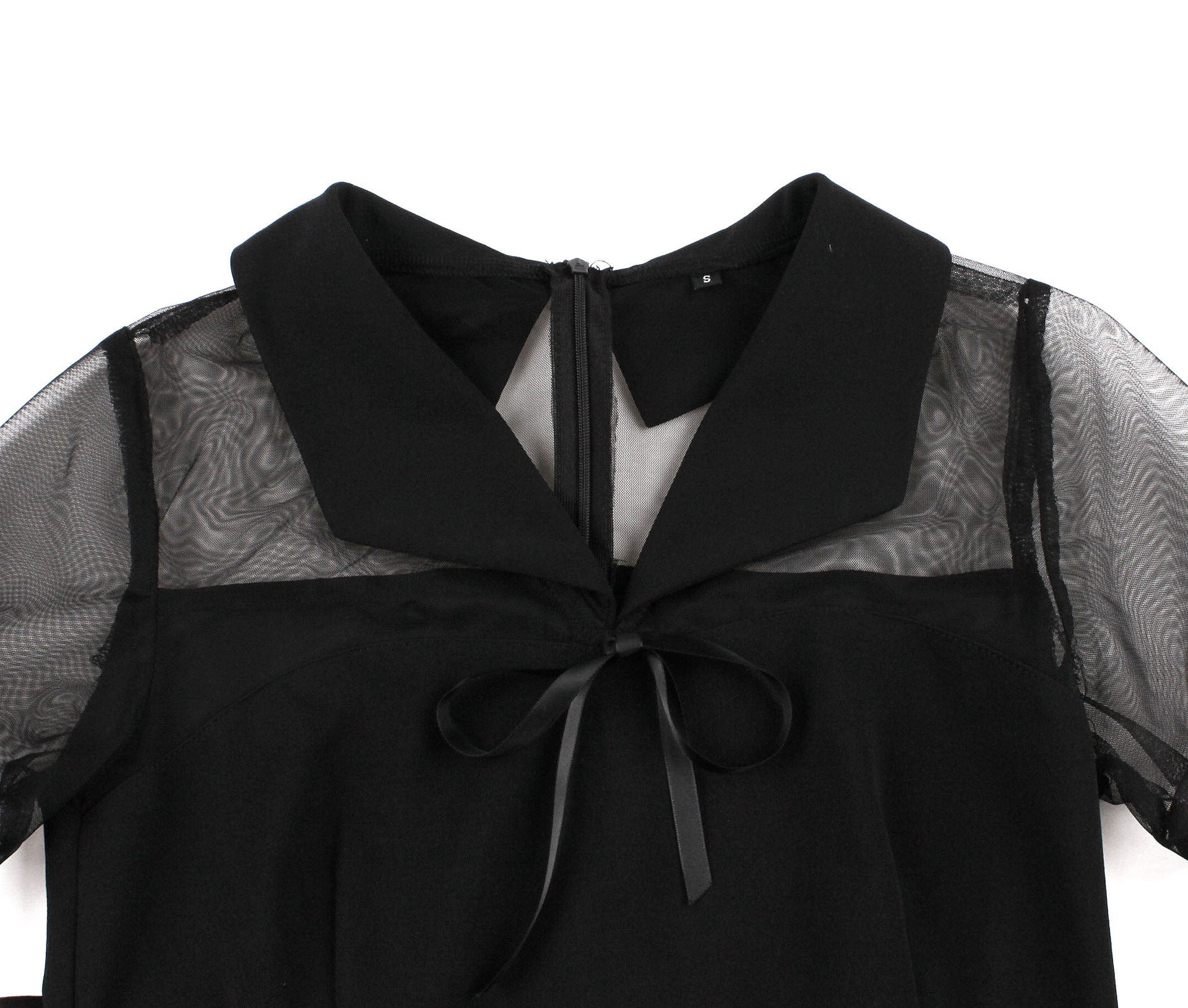 Women's Slim Waist Turndown Collar Bow Short Sleeve Chic Elegant A-Line Dress 6