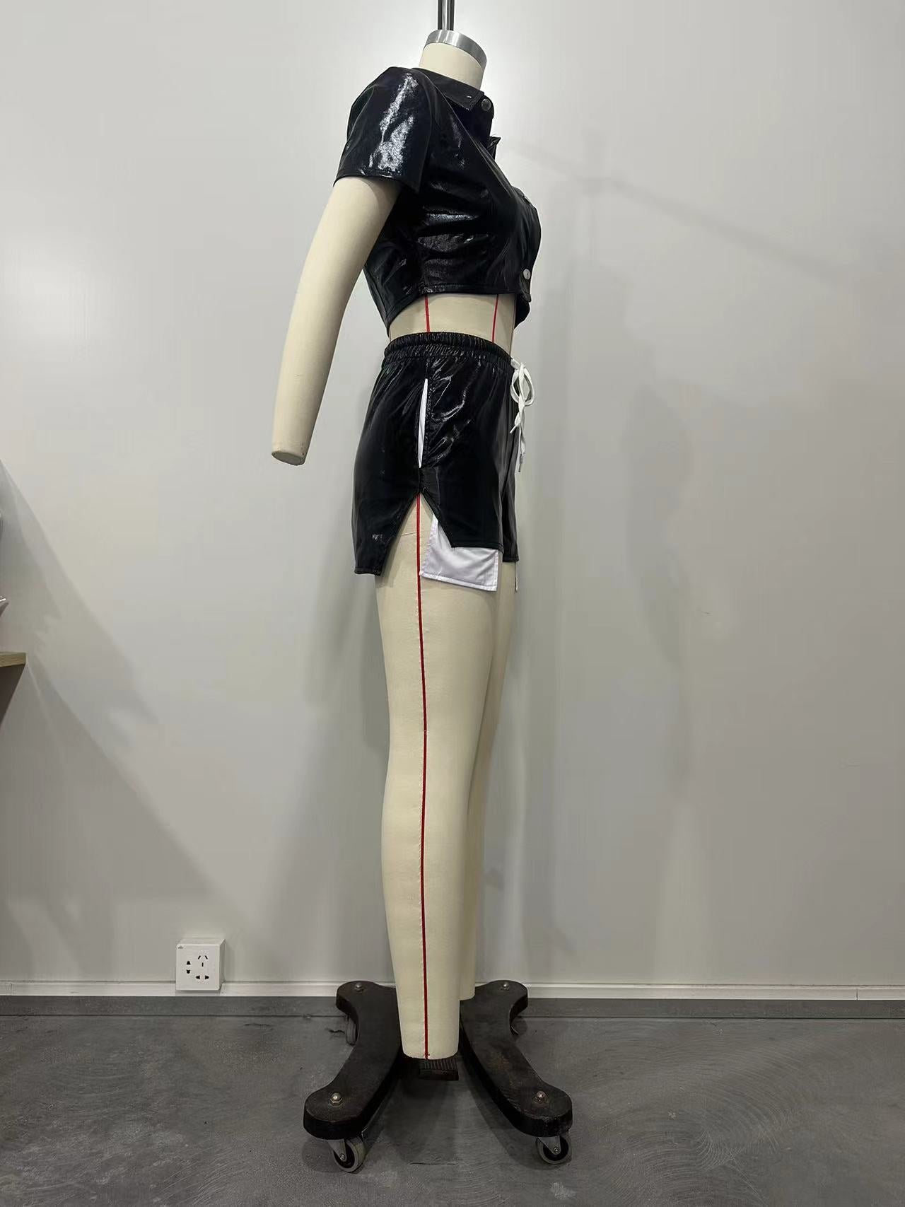 Women's Deep Pocket Slit Pu Leather Short Front Short Back Long Shorts Two-Piece Set 26