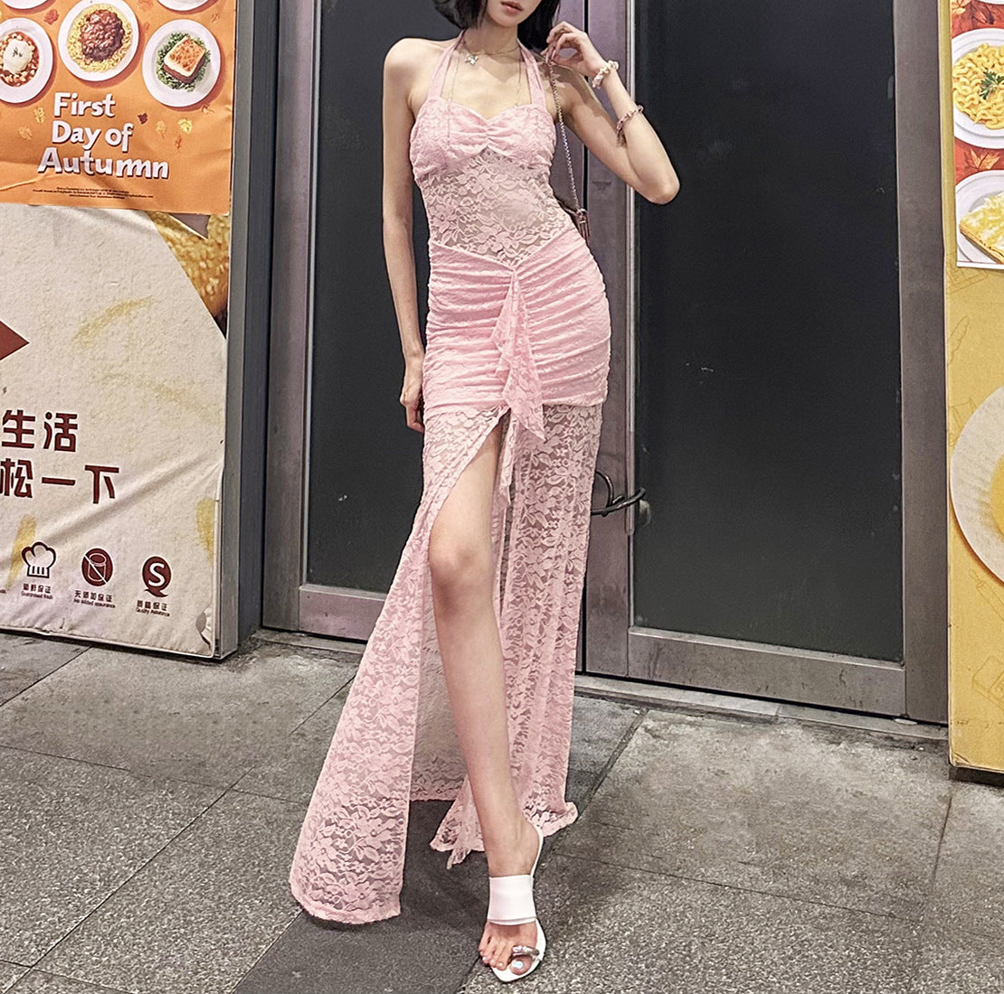 Summer Fashion Chic Elegant Lace Patchwork Halter Neck Slit Long Dress 18