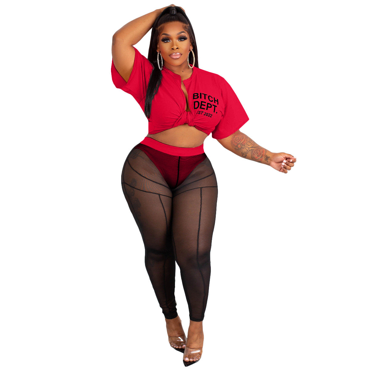 Women Sexy Letter Print Crop Top and Mesh Trousers Lace-Up Two-Piece Set 8