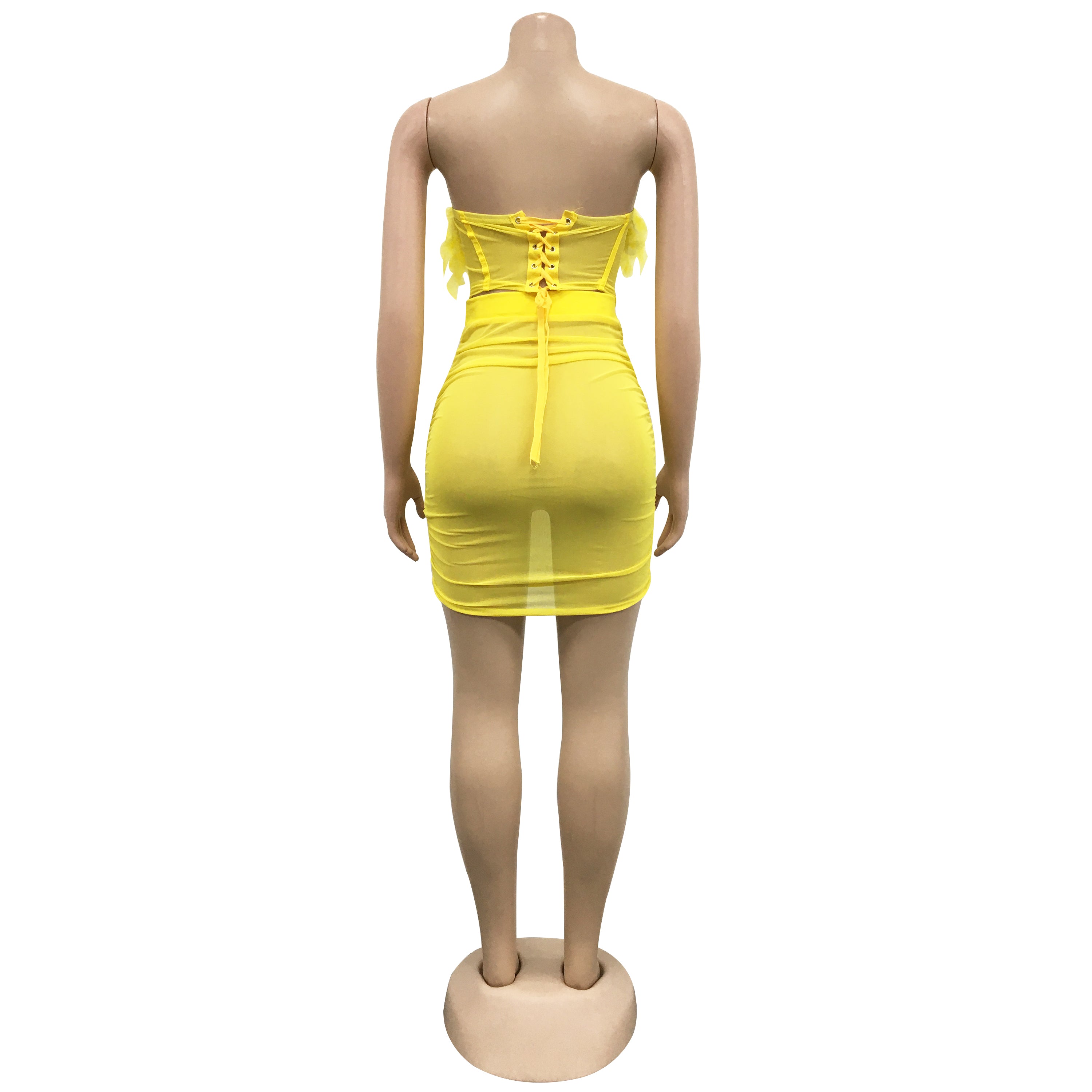 Solid Mesh See-Through Feather Lace-Up Strapless Tank Top Ruffled Midi Skirt Two Piece Set 22