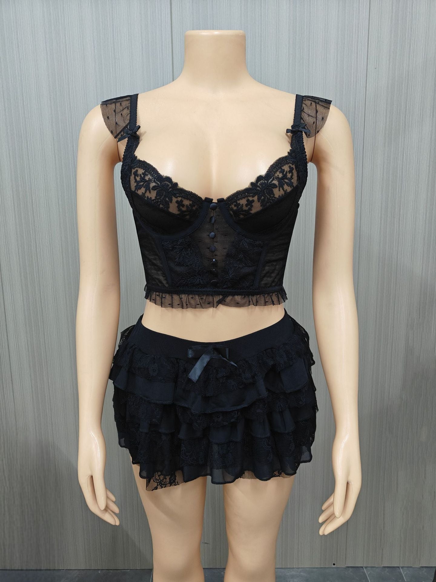 Plus Size Women Summer Sexy Lace Hollow Top and Skir Two-Piece Set 11