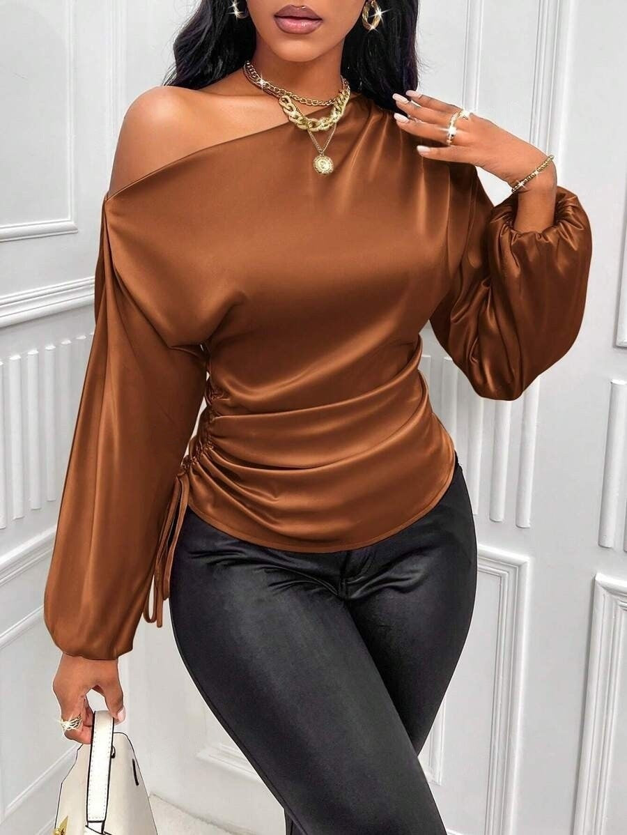 Women's Satin Shirt Asymmetric Slash Shoulder Long-Sleeve Blouse 15