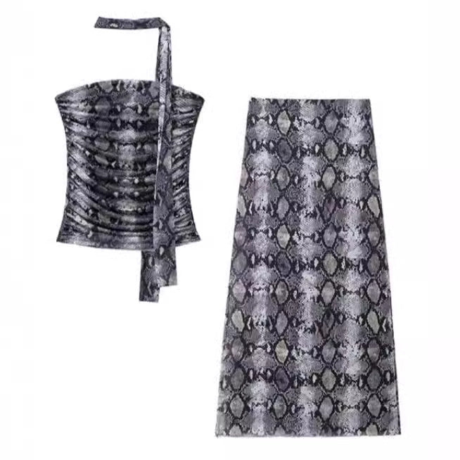 Women spring leopard print Strapless Top and Skirt two-piece set 5