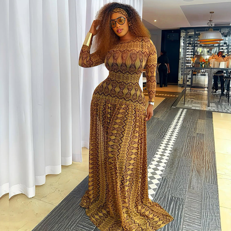 Elegant Women's Slim Waist Semi-Sheer Printed Round Neck Long Sleeve A-Line Dress 4