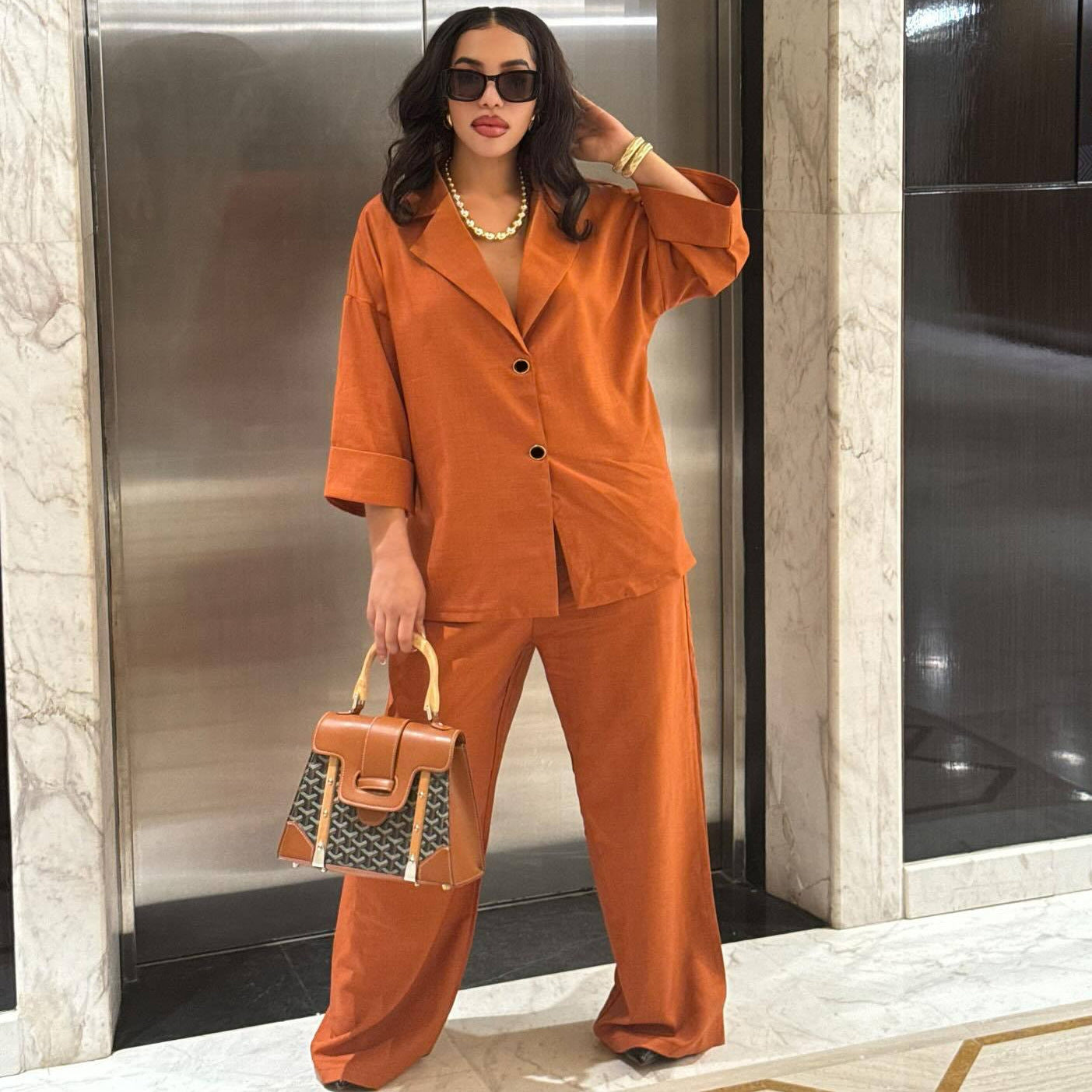 Women Turndown Collar Shirt and Pant Two-Piece Set 3