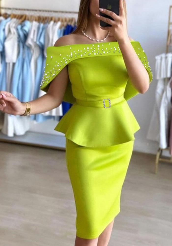 Off Shoulder Beaded Ruffle Peplum Formal Party Dresses