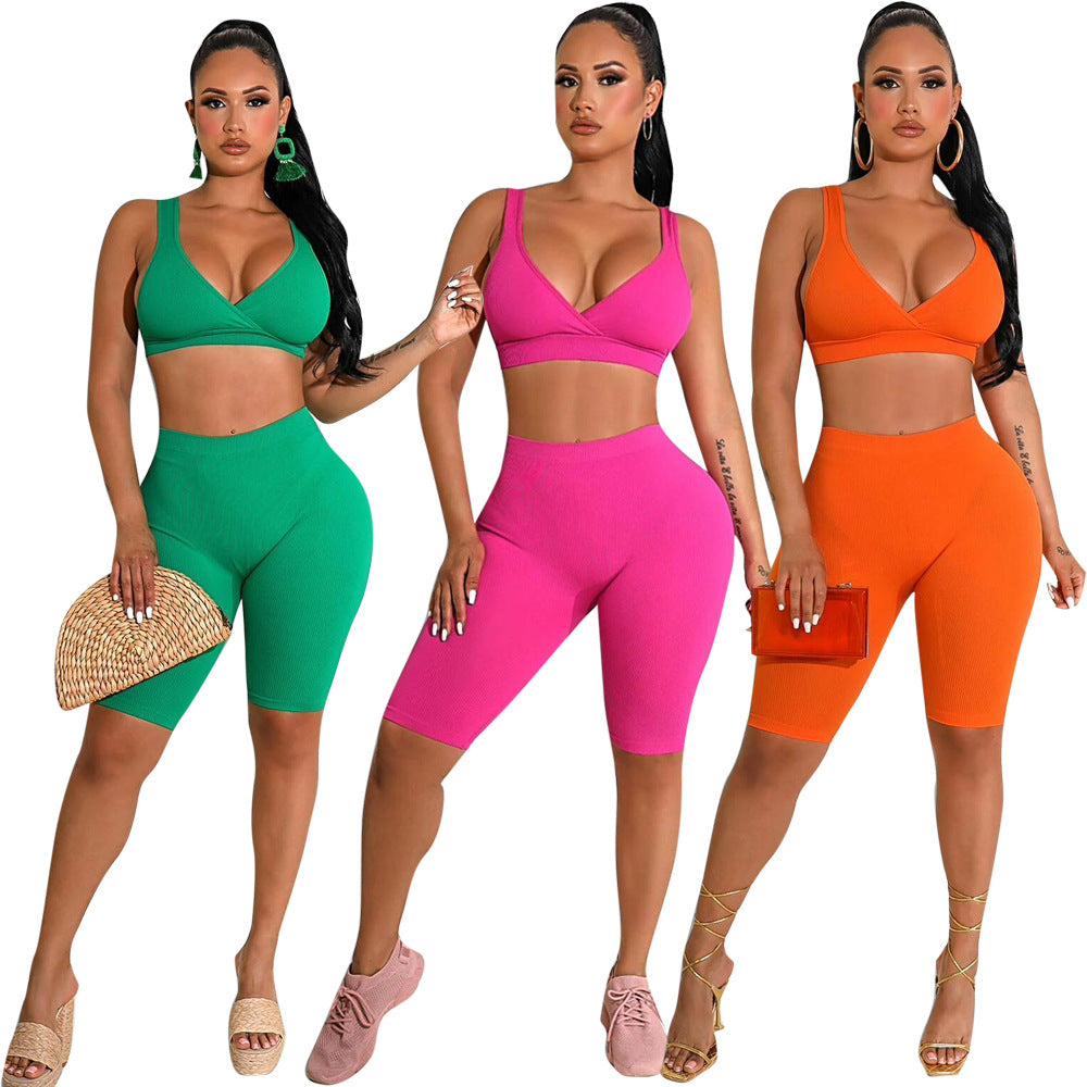 Summer fashionable beach holidays casual ribbed solid color two-piece shorts set 5